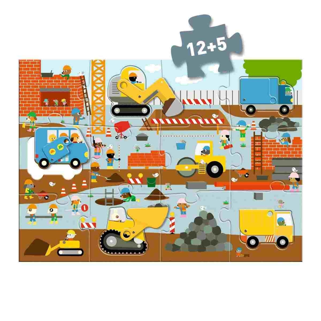Djeco Bodenpuzzle „Baustelle“ – 12 + 5 Teile Großformat-Puzzle