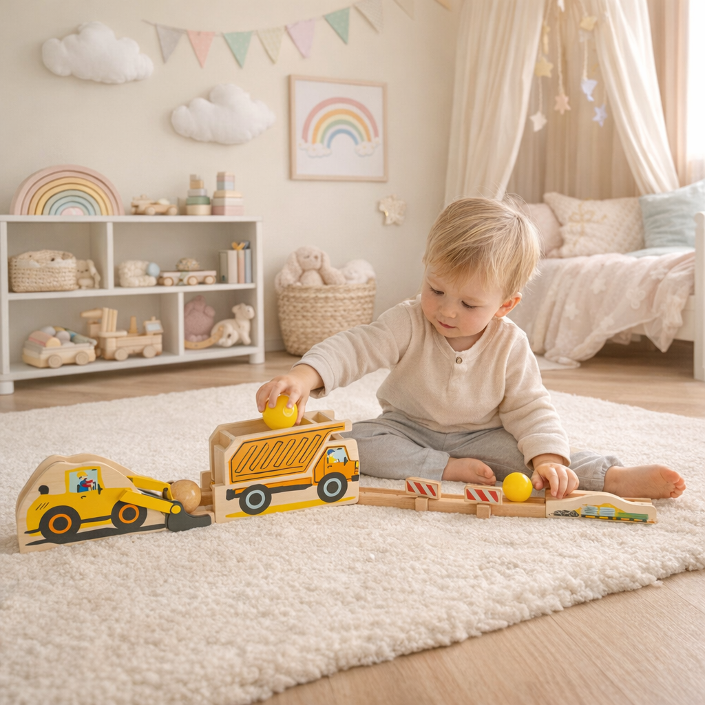 Kugelbahn „Junior Baustelle“ – Holzspielzeug für motorische Entdecker