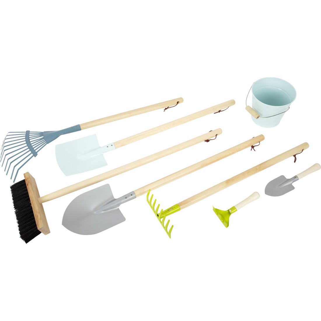 Großes Gartenwerkzeug-Set - Schaufel, Rechen, Eimer